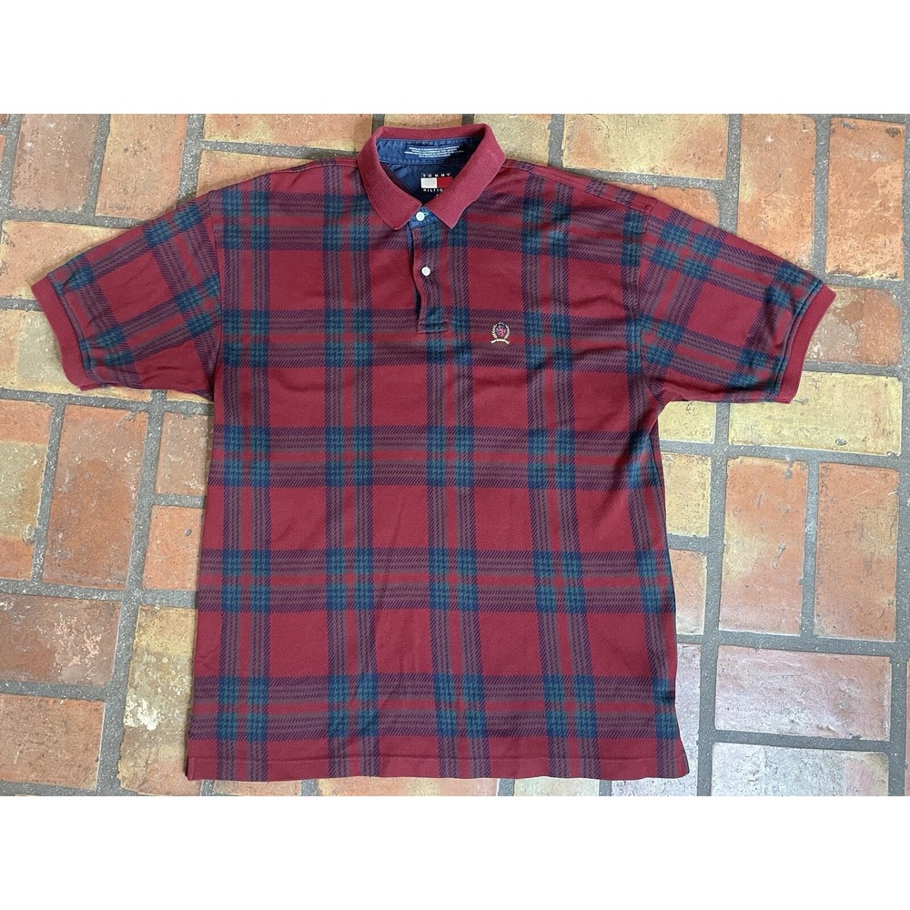 Vintage Tommy Hilfiger Shirt Men's Large Tartan Plaid Crest Polo Red Green